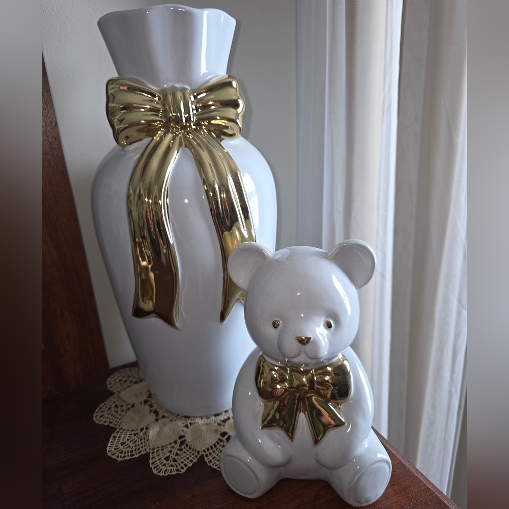 White Vase With White Teddy Bear Decor